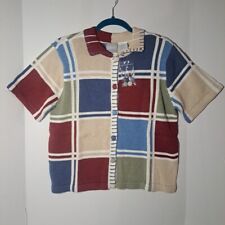 Vintage Blair Multi-color Colorblock Short Sleeve Button Up Knit Sweater Top Med picture