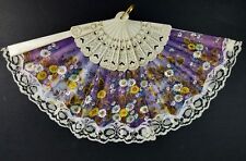 Vintage Folding Hand Fan Purple Floral with Lace Asian style Signed Tarrega picture