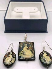 Beautiful Hand Painted Russian Palekh Black Lacquer Signed Earrings/Pendant Set picture