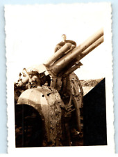 Vintage Photo 1944 WW2, US Navy Sailor Posed on Double Barrel Cannon, 3.5 x 2.5 picture