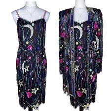 Vtg Judith Ann Silk Sequins Moon Stars Dress Sheer Duster Shawl Set, 80s Party picture