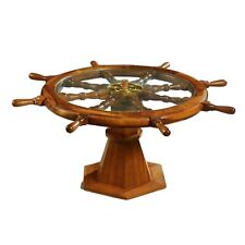Table, Ship's Wheel, Coffee, Glass Top, Uniquely Carved Mahogany, 1900's picture