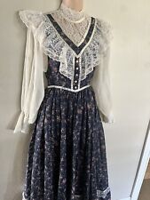 Vintage Gunne Sax Blue Floral Cream Lace Long Sleeve Prairie Maxi Dress Size 5 picture