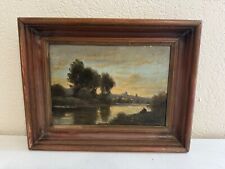 Antique Oil on Wood Panel Painting Figure in Landscape by Water picture