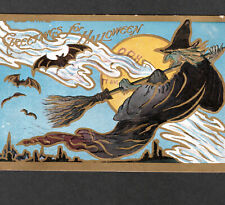 Witch Greetings for Halloween 1908 Rose TRG RO5 Bats Moon Broom Antique PostCard picture