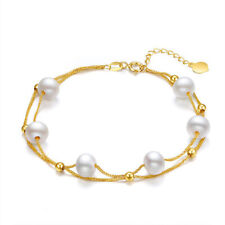18K Solid Gold Natural Freshwater Pearl Double layer Bracelet Bead Heart Charm picture