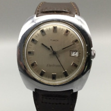 Vintage Timex Electronic Watch Men 37mm Silver Tone Date Leather New Battery picture