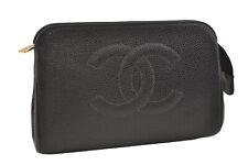 Authentic CHANEL Caviar Skin Leather Cosmetic Pouch Purse Black CC Logo 3894J picture