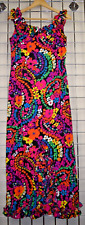Hawaiian Maxi Dress VTG 60s Neon Swirling Tropical Floral Leis Ruffle Trim S/M picture
