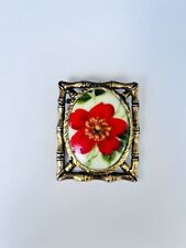 Vtg   Mosaic Gold Tone Rectangle Brooch Pin Red White Flowers picture
