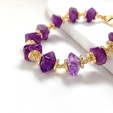 Vintage Natural Amethyst Purple Crystal Raw Stone Reiki Handmade Chain Bracelet picture