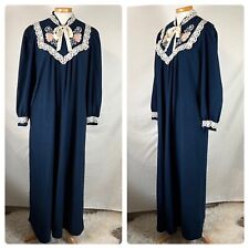 Vintage Vandemere Blue Fleece Floral Lace Victorian Nightgown Zip Front Size M picture