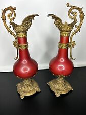 Antique Victorian Red Ceramic and Gilt Bronze Ewer Urn Claret Pair picture