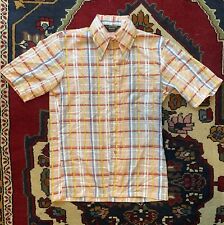 Vintage 70s JCPenney Tapered Shirt Short Sleeve Button Up Peach Plaid Medium Men picture