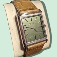 NEW Breda Virgil Tank Watch Silver Tone Green Rectangle Dial Brown Leather Strap picture