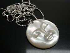 Vintage Moon Face Carved Mother of Pearl Shell 925 Pendant Necklace SP 24