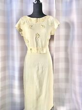 Vintage 50s 60s Linen Floral Embroidered Beaded Bow Wiggle Pencil  Dress picture