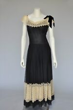Vintage 1930s 1940s Black Sheer Party Maxi Dress w/ Eyelet Lace Trim Bow XS/S picture