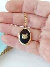 Gold plated vintage cat locket necklace, black mourning kitty pendant necklace. picture