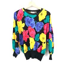 Vintage 90s StudioE batwing blouse maximalist bright black abstract floral top L picture