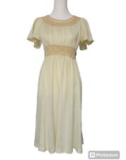 Vtg 70s Dress Macrame Ivory Tan Butterfly Sleeves Size M/L picture