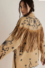 Free People Great Plains Fringe Denim Top Embroider Floral Button Tan Blue S NEW picture