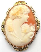 Elegant Antique Solid 14k Gold Shell Cameo Brooch Pendant Pink picture