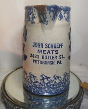 ANTIQUE/VINTAGE BLUE WHITE STONEWARE ADVERTISING PITCHER PITTSBURGH,PA SCHOEPF picture