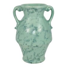 Rumrill 1930s Vintage Art Deco Pottery Mottled Green Ceramic Handled Vase 287 picture