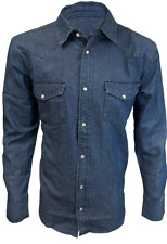 Mens Denim Western Shirt Dark Blue Wash Cotton Pearl Snap Up Buttons 2 Pockets picture