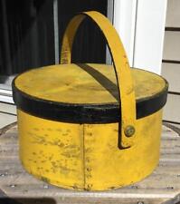 Antique Large Old Yellow Thick Wood Pantry Box w/Lid & Wood Swing Handle 13.75