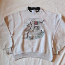 Vintage 90s Gray Grandma Crewneck Kitty Bird Print Sweatshirt Cottagecore Sz M picture