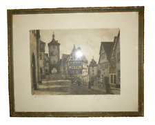 Antique HEINER KRASSER ART ROTHENBURG SIGNED HAND-COLORED ETCHING Original Frame picture