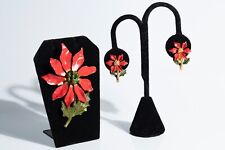 Vintage 1950s Red & Green Enamel Christmas Set Poinsettia Brooch & Clip Earrings picture