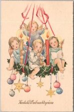 c1910s German CHRISTMAS Postcard Angels on Candle Chandelier / Artist-Signed picture