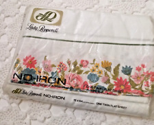 New Vtg 70s Twin Flat Bed Sheet White Floral Retro Colorful Cotton 72x104 NOS picture