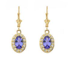 Solid 10k/14k Diamond & Tanzanite Oval Leverback Earrings in Yellow White Rose picture