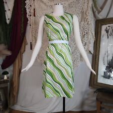 Vintage 1970s Dress Sleeveless Green White Wavy Stripe Groovy Psychedelic Union  picture