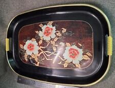 VINTAGE JAPANESE BLACK LACQUER TRAY 11 X 17 X 1 PEONY FLOWERS GOLD RIMMED picture