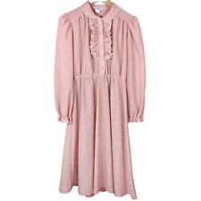 Vintage Pink Peter Pan Collar Ruffle Prairie Dress Long Puff Sleeve Midi Pearl S picture