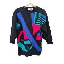 80s Vintage Clifton Place Abstract Pullover Sweater Women Black Multi Cozy Knit picture