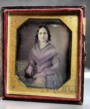 Tinted 1840s Daguerreotype Woman Holding Beaded Purse / MATHEW BRADY picture