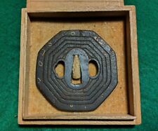 Tsuba Japanese Sword Guard Rope Crest Engraved Iron Inlaying Antique from Japan picture