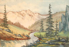 Antique impressionist gouache painting mountain river landscape picture