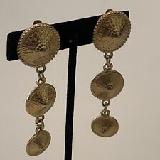 Vintage Etruscan Egyptian Style Gold Tone 3 Circle Dangle Texture Clip Earrings picture
