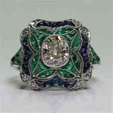 Art Deco Vintage Style Lab Created Diamond & Emerald Engagement 925 Silver Ring picture