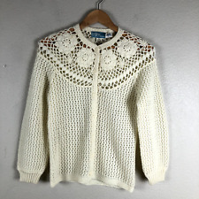 Vintage LeRoy Knitwear Cardigan Sweater Womens Medium Cream Open Floral Crochet picture
