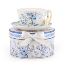Blue Flowers Bone China Teacup and Saucer in Gift Box 300 ml Porcelain Cup picture