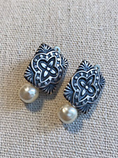 Vintage Southwest Style Artisan Made Embossed Metal Earrings Faux Pearl Clip-On picture