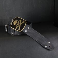 Aged Leather Guitar Strap. Custom SKULL Buckle. 1 3/4 inches wide. BLACK picture